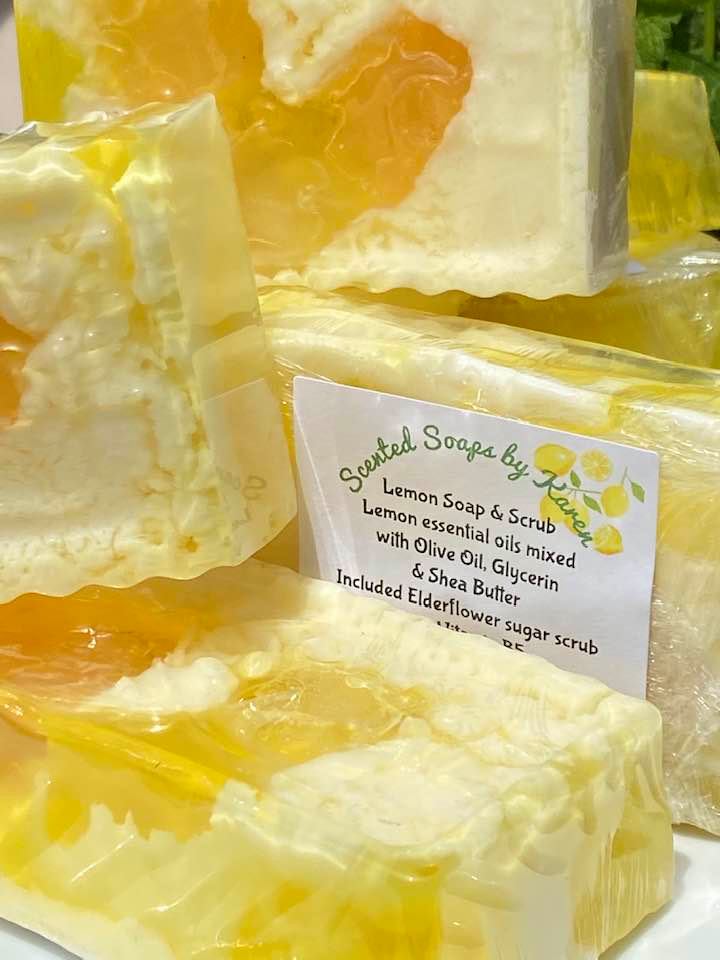 Premium Soap & Sugar Scrub in one bar. Lemon essential oils mixed with Olive Oil, glycerin and Shea Butter.