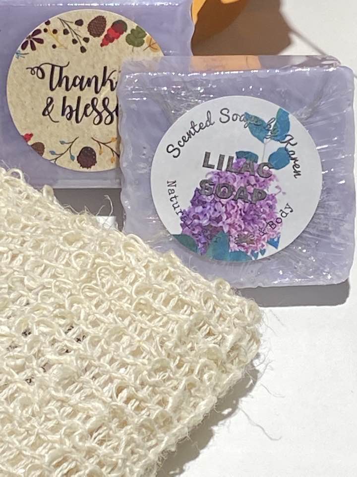 Thankful and Blessed LILAC Soap. Two per order.  Slipped into a sisal bag with wooden bead. Guest Size Soaps