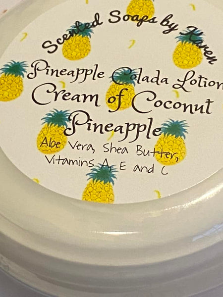 Pineapple Colada Lotion in jars with screw on lids. Cream of Coconut essential oils. Pineapple essential oils.