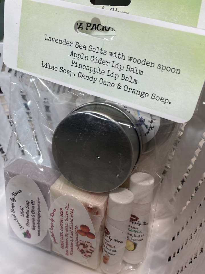 Spa Package. Make Time For YOU! Lavender Sea Salts with wooden spoon.  Apple Cider Lip Balm made with soy oil, fruit oil, local beeswax.  Lilac Soap made with Shea Butter. Candy Cane and Orange Shea Butter Soap.